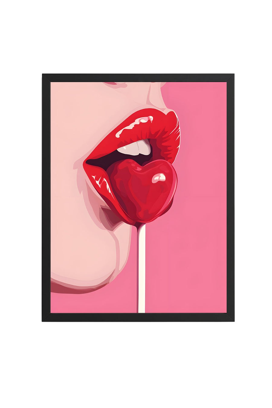 Doğal Ahşap Çerçeveli Kırmızı Dudak Desenli Tablo - Pop Art Tarzı | huhu1955