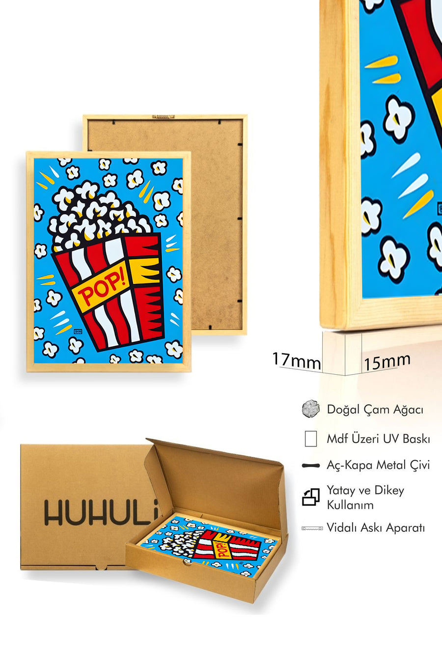 Doğal Ahşap Çerçeveli Popcorn Desenli Tablo - Kırmızı-Sarı Sinema | huhu1960