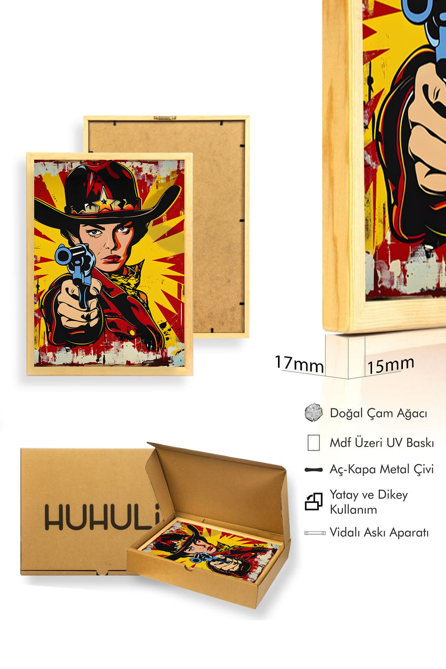 Doğal Ahşap Çerçeveli Western Temalı Grafik Tablo - Kırmızı Siyah | huhu1961