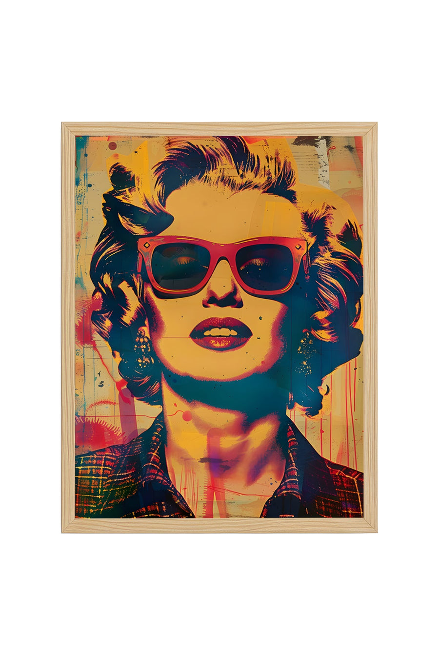 Doğal Ahşap Çerçeveli Pop Art Portre Tablo - Canlı Turuncu Tonlar | huhu1966