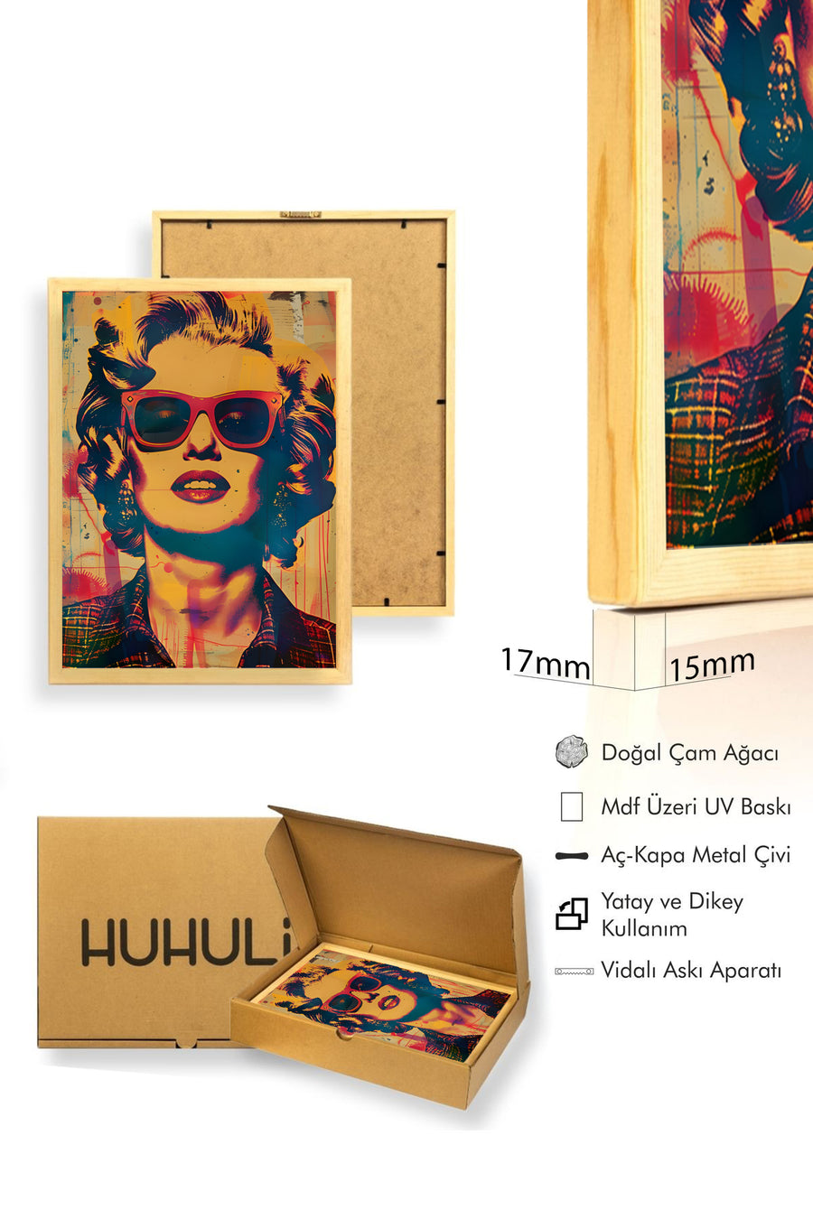 Doğal Ahşap Çerçeveli Pop Art Portre Tablo - Canlı Turuncu Tonlar | huhu1966