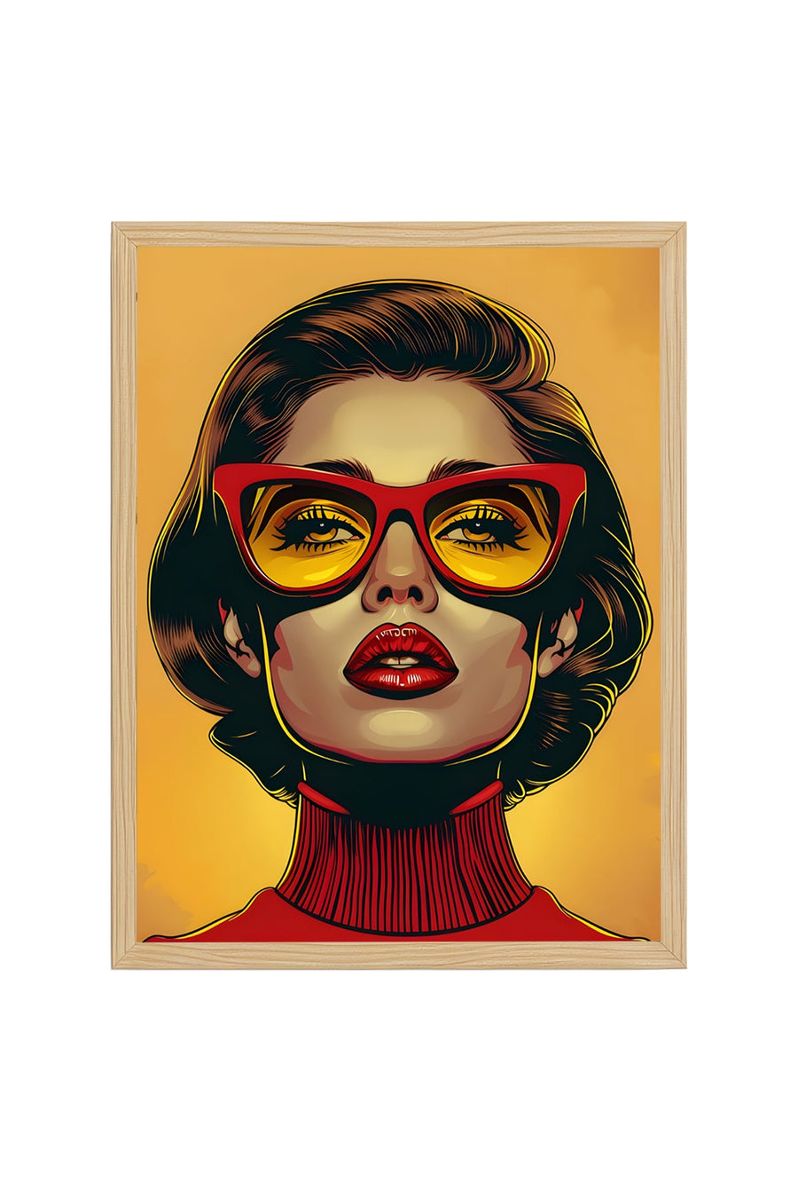 Doğal Ahşap Çerçeveli Retro Portre Tablo - Kırmızı Pop Art | huhu1975