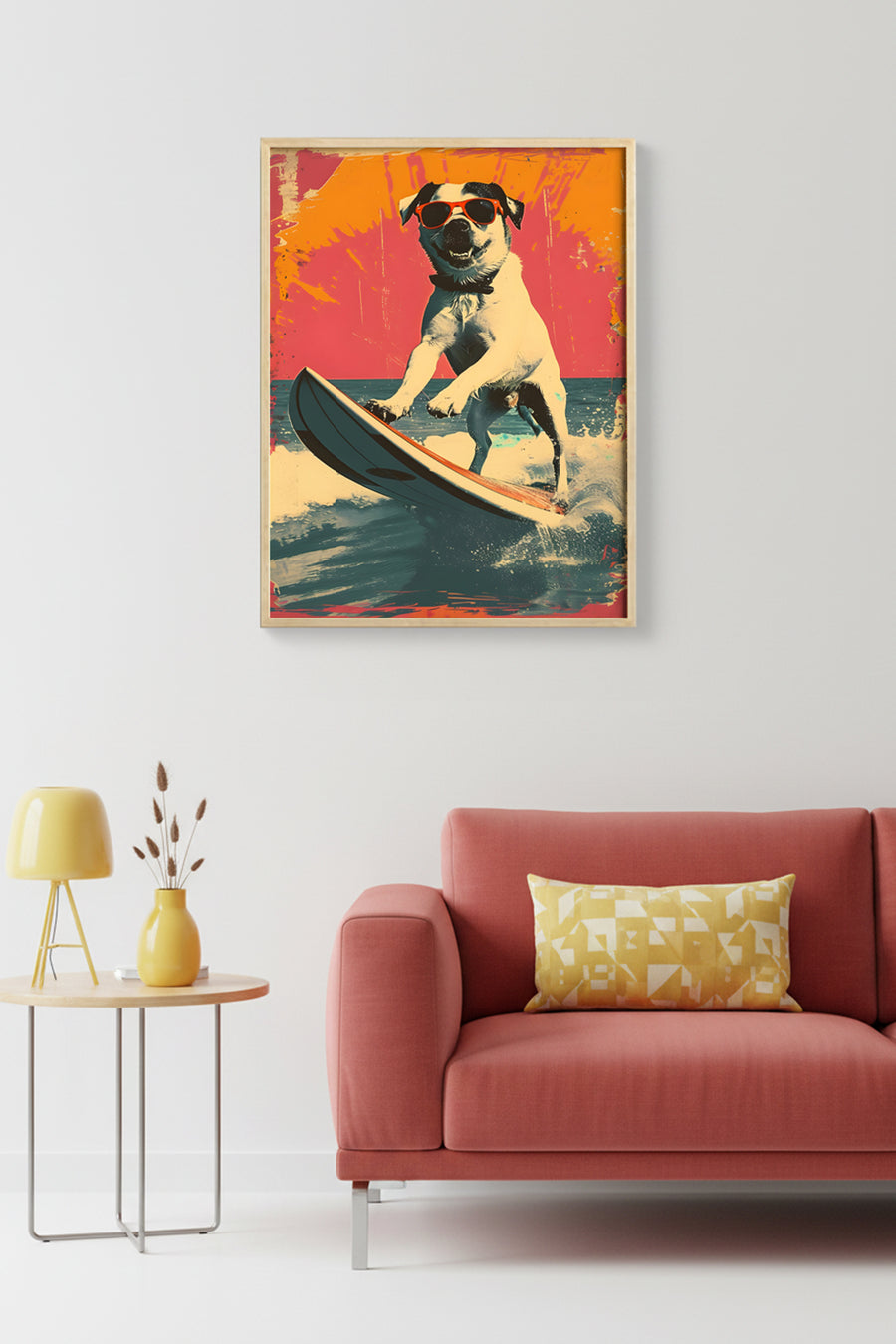 Doğal Ahşap Çerçeveli Retro Köpek Surf Tablo - Turuncu Tonlar | huhu1984