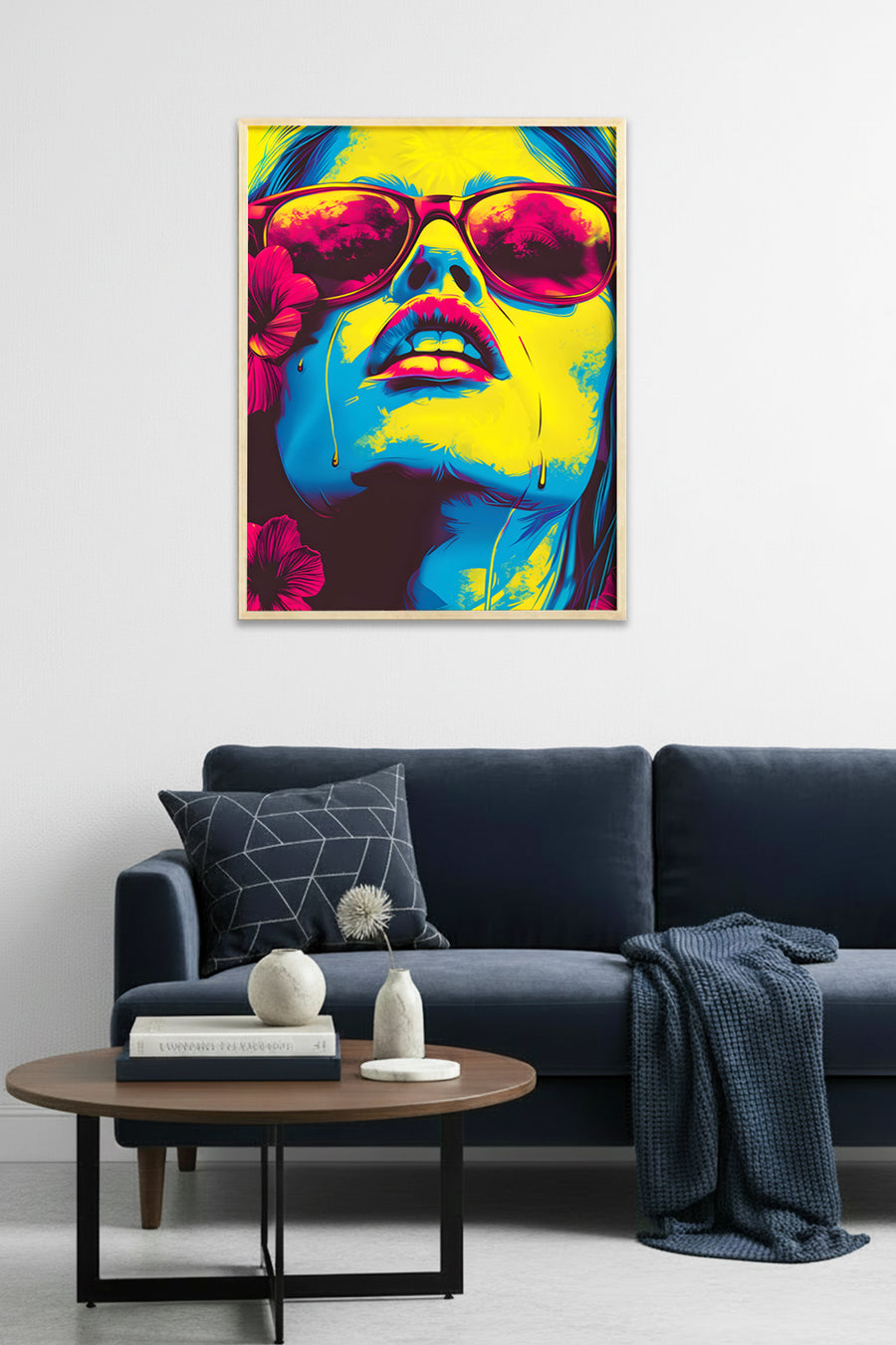 Doğal Ahşap Çerçeveli Pop Art Portre Tablo - Canlı Sarı-Pembe Tonlar | huhu1986