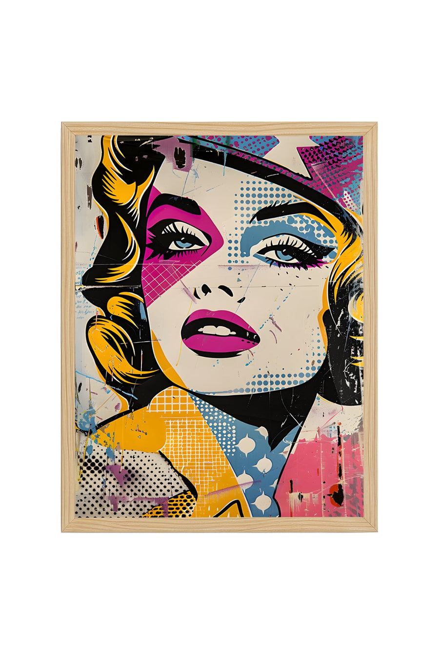 Doğal Ahşap Çerçeveli Grafik Desenli Tablo - Pembe-Mavi Pop Art | huhu1990