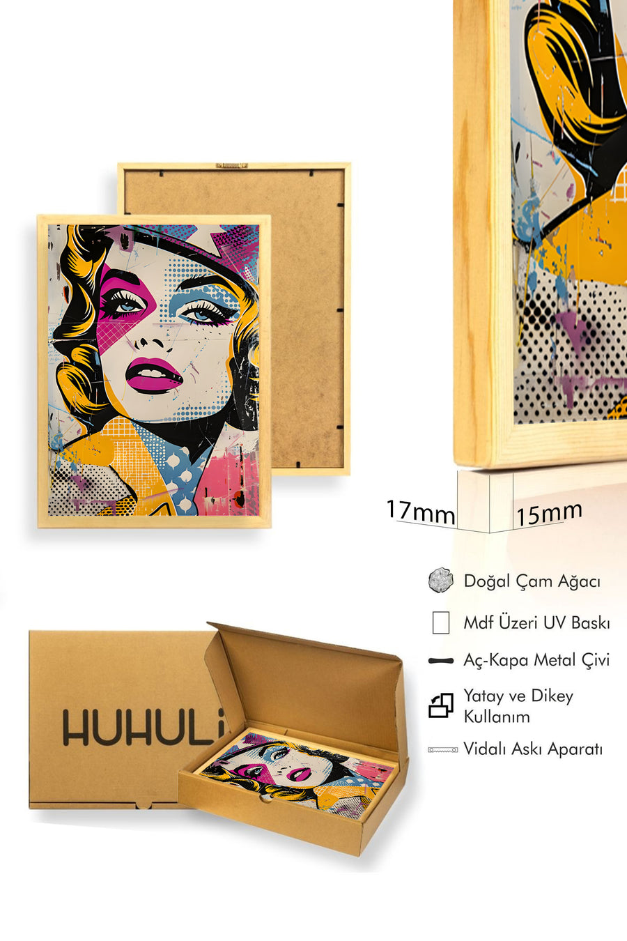 Doğal Ahşap Çerçeveli Grafik Desenli Tablo - Pembe-Mavi Pop Art | huhu1990