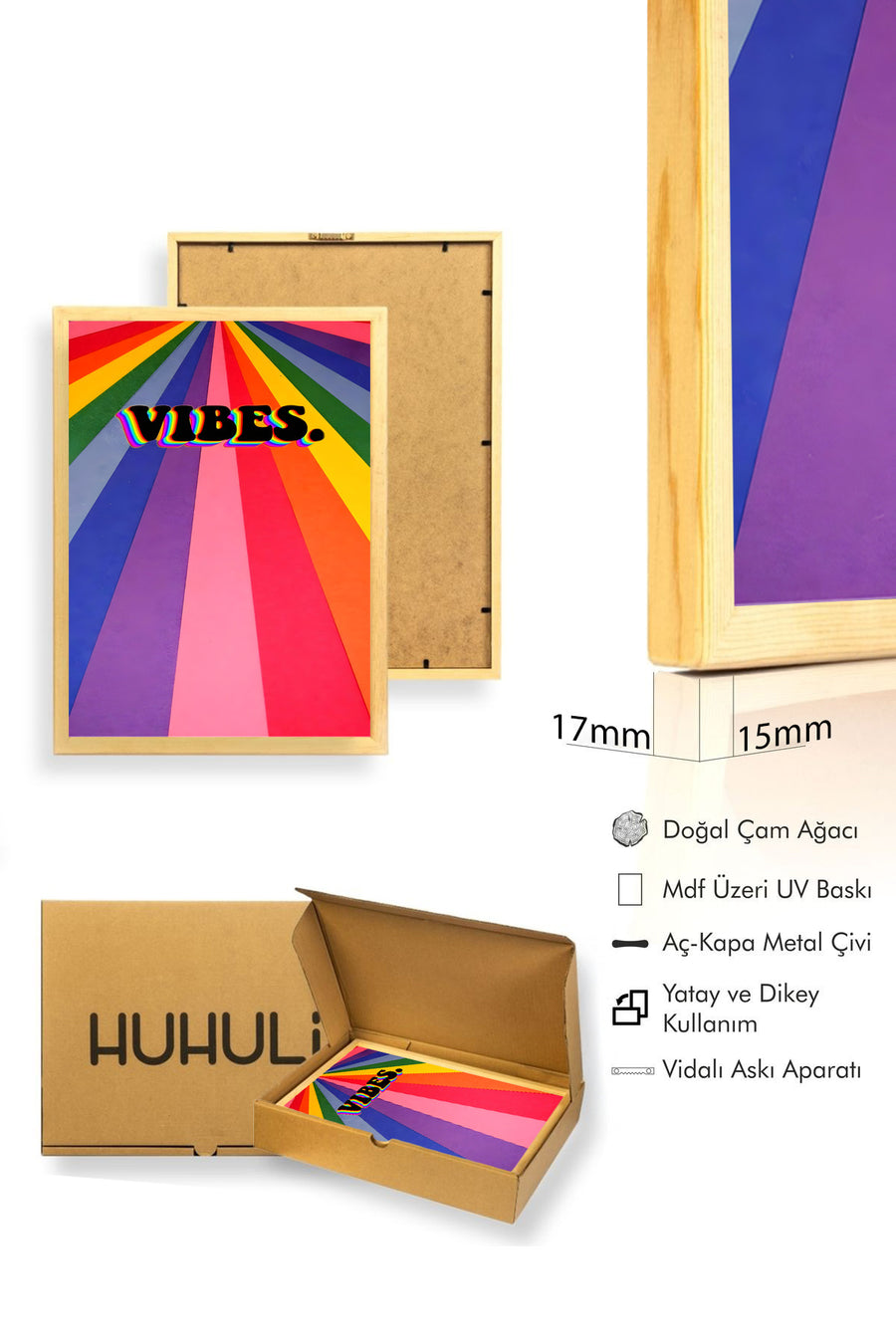 Doğal Ahşap Çerçeveli Gökkuşağı Desenli Tablo - Pop Art | huhu1996
