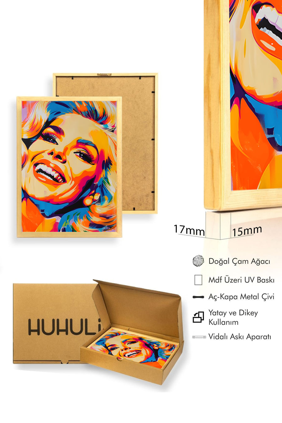 Doğal Ahşap Çerçeveli Pop Art Portre Tablo - Canlı Tonlar | huhu2002
