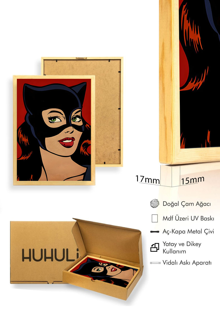 Doğal Ahşap Çerçeveli Pop Art Portre Tablo - Siyah Kırmızı | huhu2003