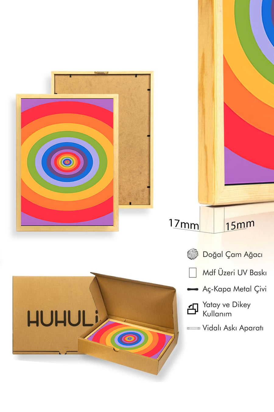 Doğal Ahşap Çerçeveli Gökkuşağı Geometrik Desenli Tablo - Canlı Tonlar | huhu2006
