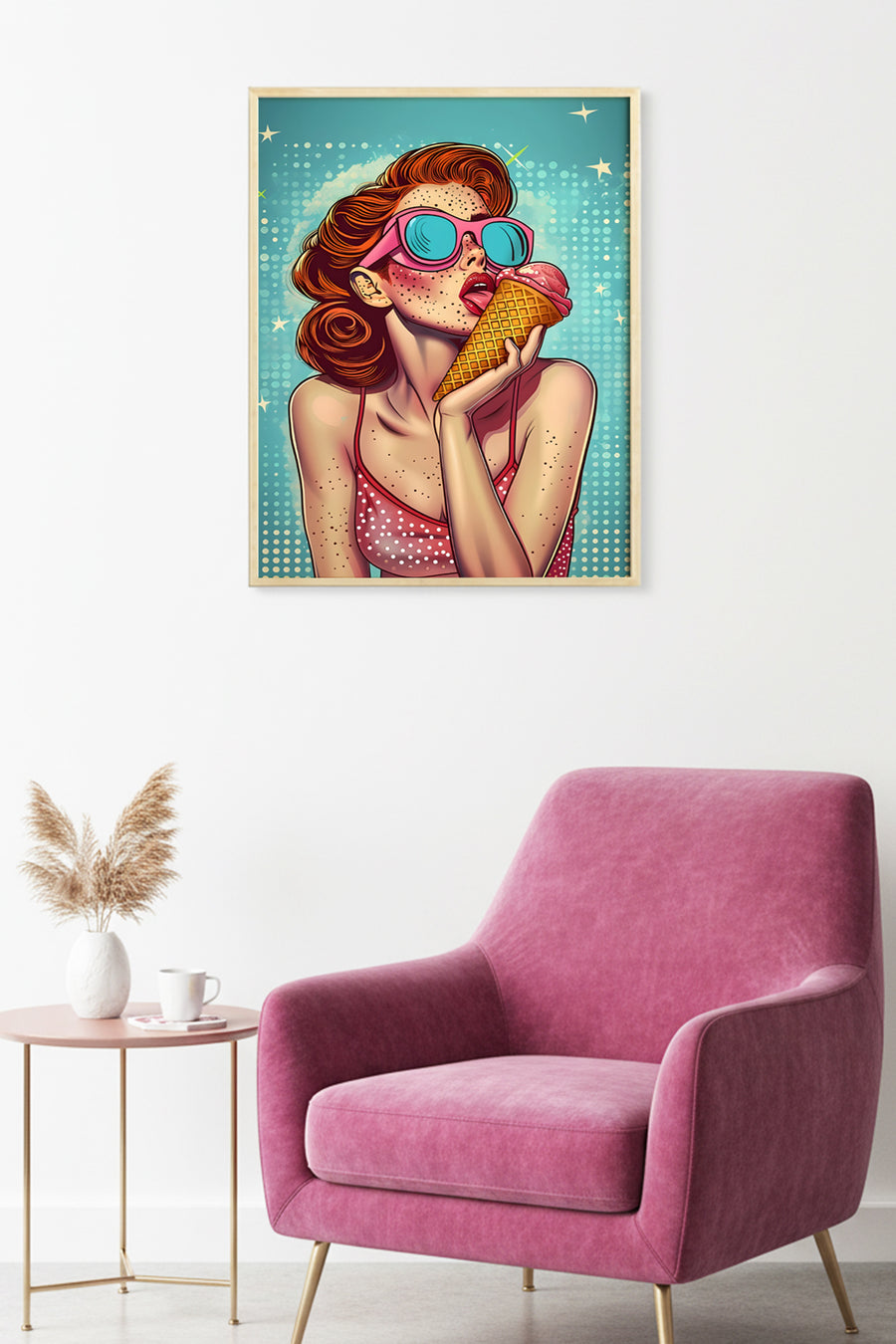 Doğal Ahşap Çerçeveli Retro Pop Art Desenli Tablo - Yaz Teması | huhu2007