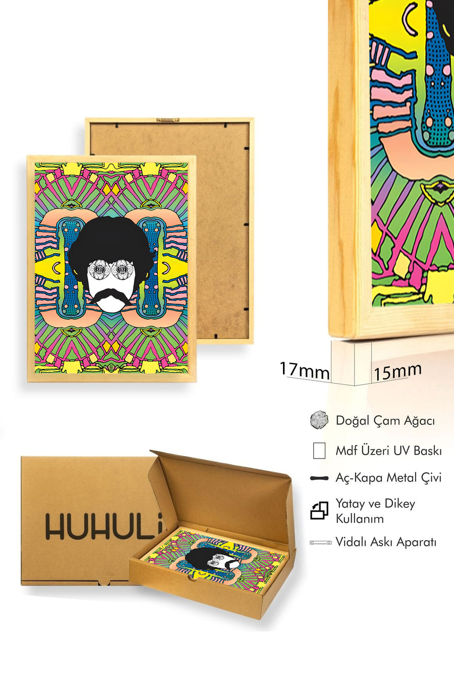 Doğal Ahşap Çerçeveli Canlı Geometrik Tablo - Pop Art Desenli | huhu2011