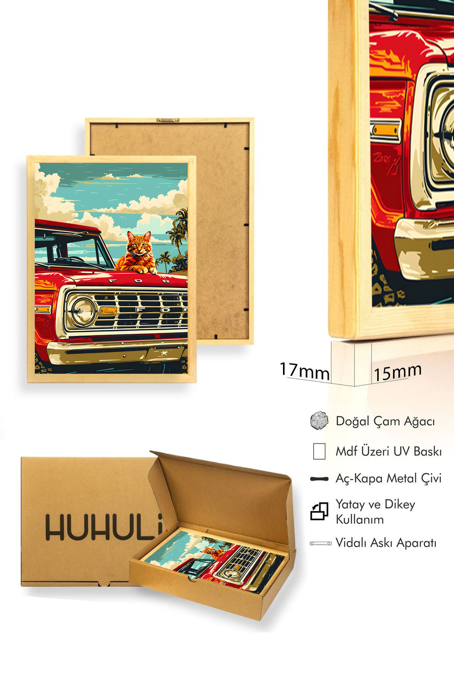 Doğal Ahşap Çerçeveli Retro Araba Desenli Tablo - Kedi Temalı | huhu2012