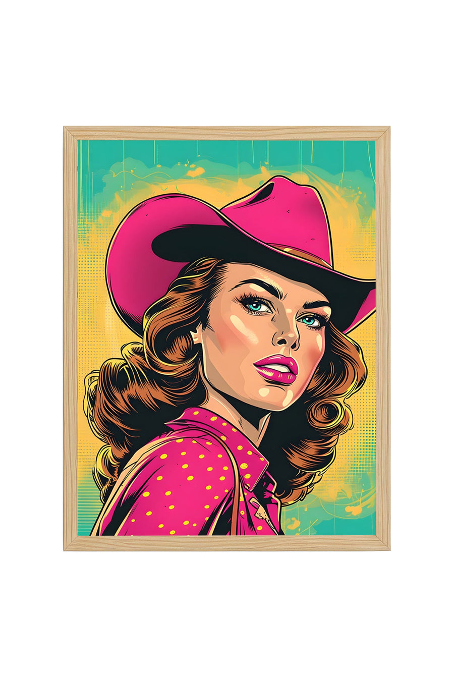 Doğal Ahşap Çerçeveli Pop Art Desenli Tablo - Pembe ve Turkuaz | huhu2021