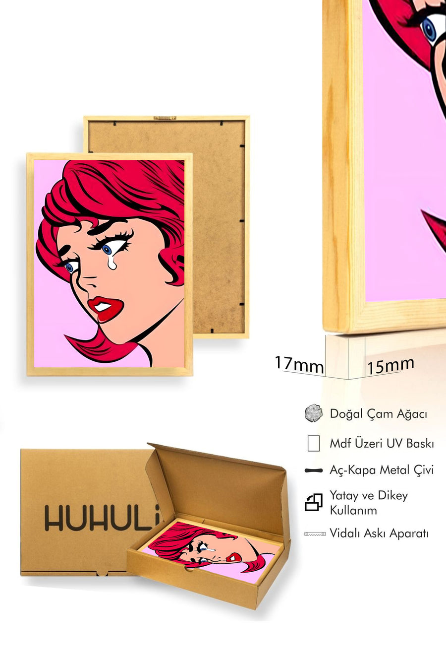 Doğal Ahşap Çerçeveli Pop Art Portre Tablo - Kırmızı Çizgi Roman | huhu2022