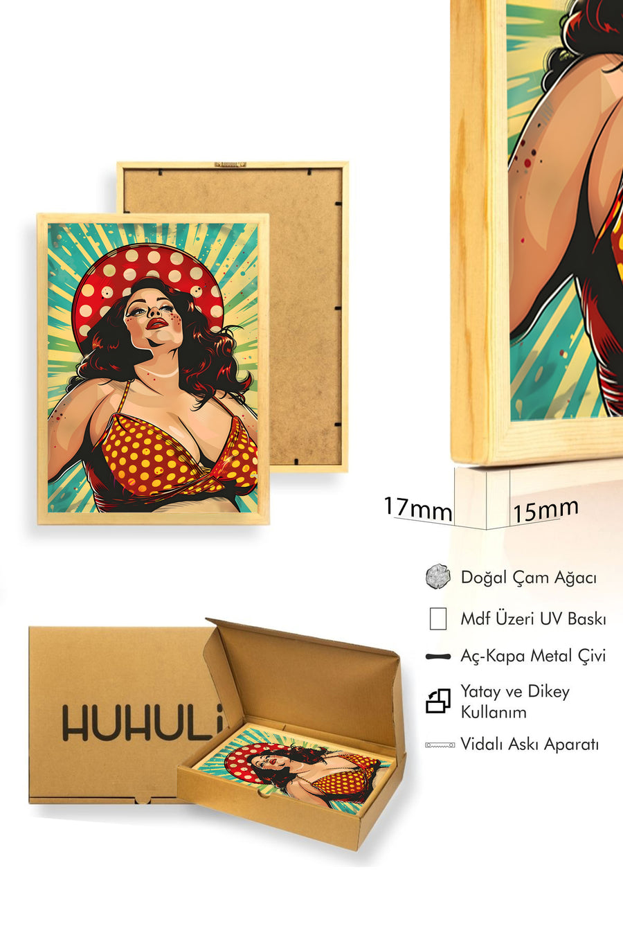 Doğal Ahşap Çerçeveli Pop Art Desenli Tablo - Retro Canlı Tonlar | huhu2024