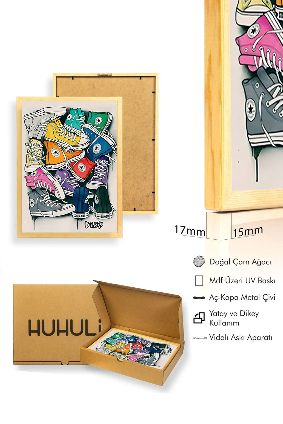 Doğal Ahşap Çerçeveli Ayakkabı Desenli Tablo - Canlı Renkler Pop Art | huhu2030