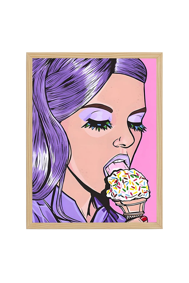 Doğal Ahşap Çerçeveli Mor Saçlı Pop Art Portre Tablo - Canlı Tonlar | huhu2031