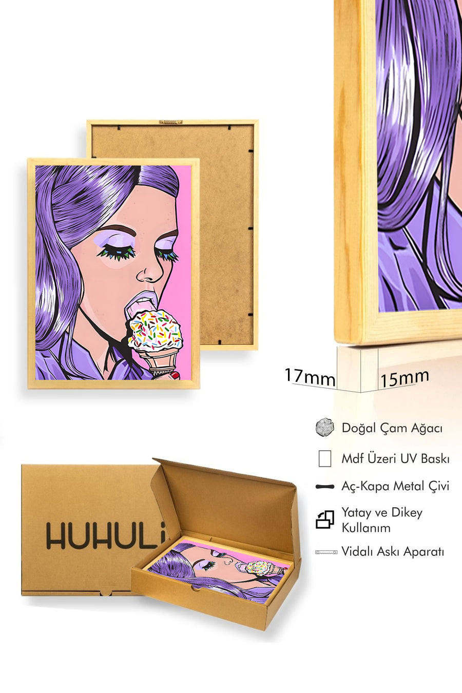 Doğal Ahşap Çerçeveli Mor Saçlı Pop Art Portre Tablo - Canlı Tonlar | huhu2031