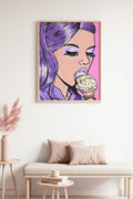 Doğal Ahşap Çerçeveli Mor Saçlı Pop Art Portre Tablo - Canlı Tonlar | huhu2031