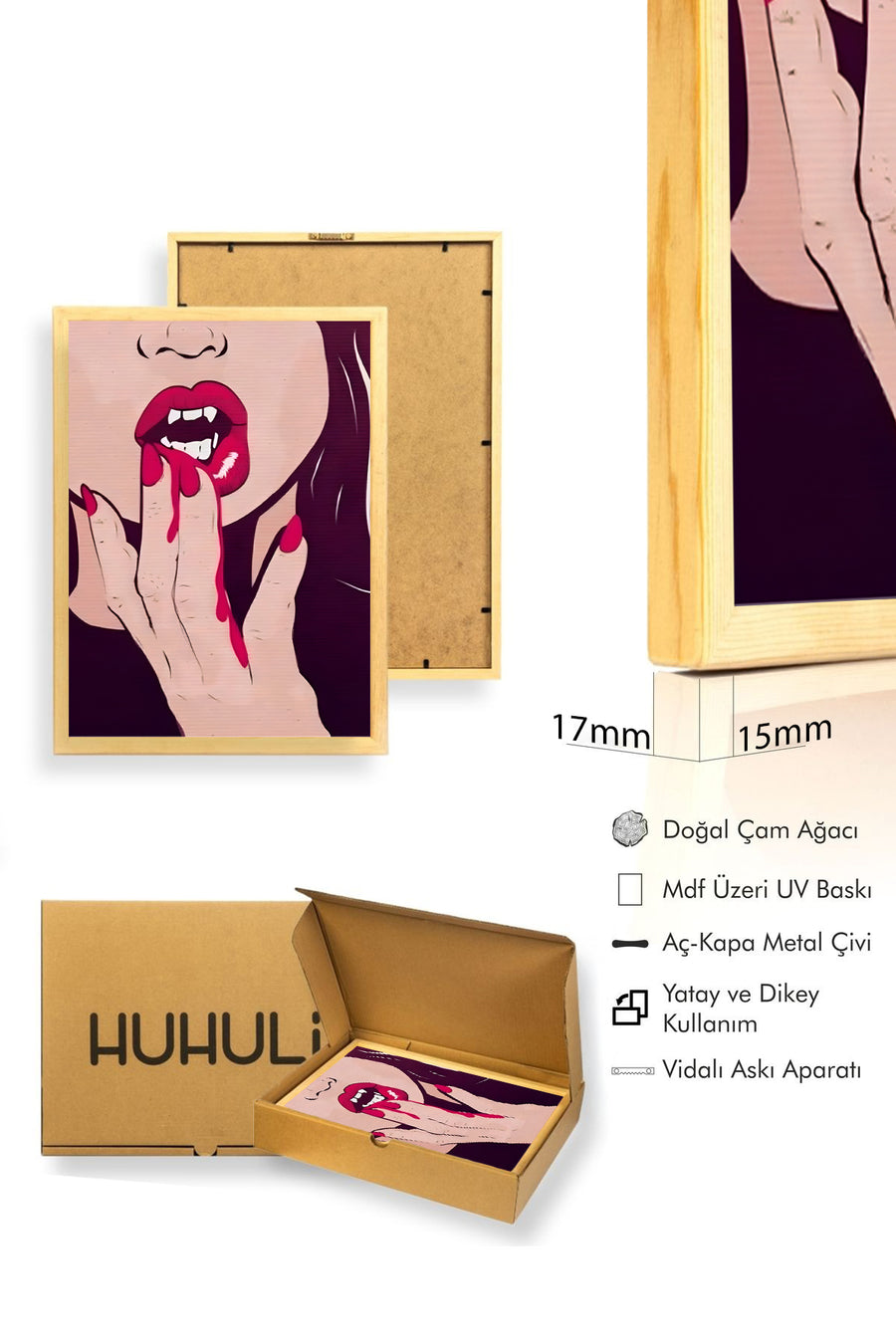 Doğal Ahşap Çerçeveli Pop Art Desenli Tablo - Kırmızı Tonlar | huhu2035