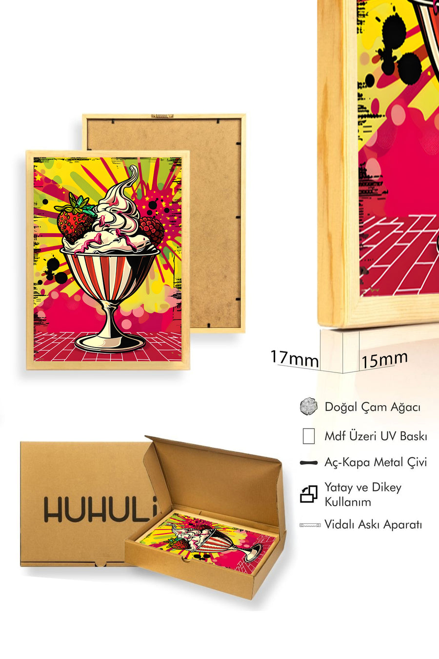 Doğal Ahşap Çerçeveli Retro Dondurma Temalı Tablo - Canlı Pop Art | huhu2038