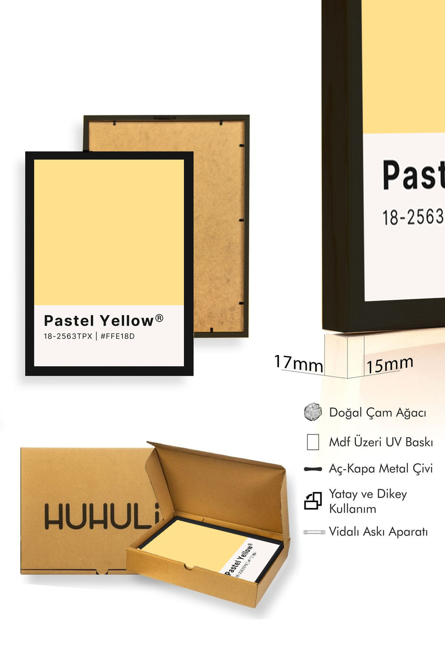 Doğal Ahşap Çerçeveli Retro Soyut Tablo - Pastel Sarı Tonlar | huhu2064