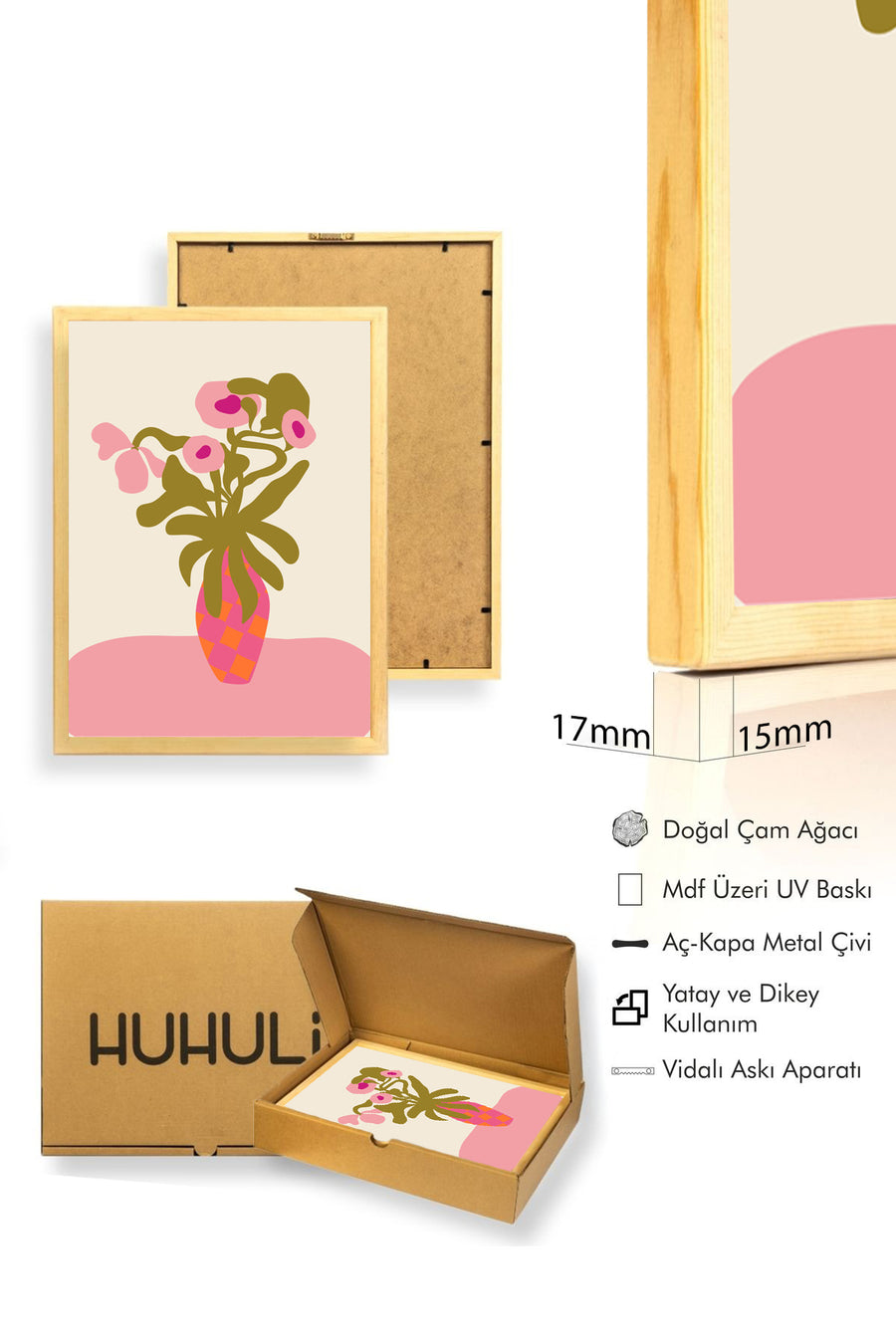 Doğal Ahşap Çerçeveli Retro Çiçekli Tablo - Vintage Floral | huhu2065
