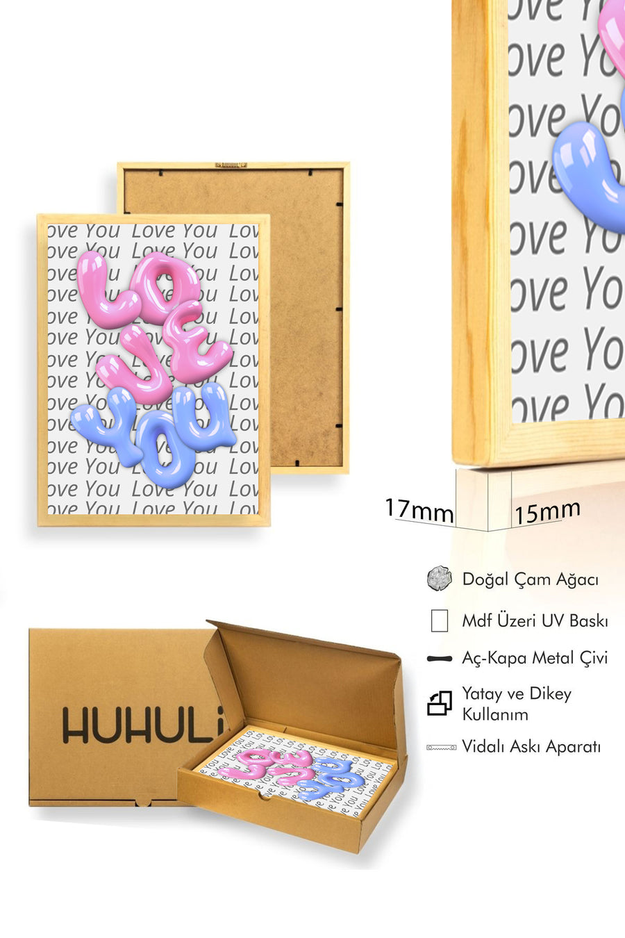 Doğal Ahşap Çerçeveli Retro Tablo - Pembe Mavi Love You Bubble Desenli | huhu2071
