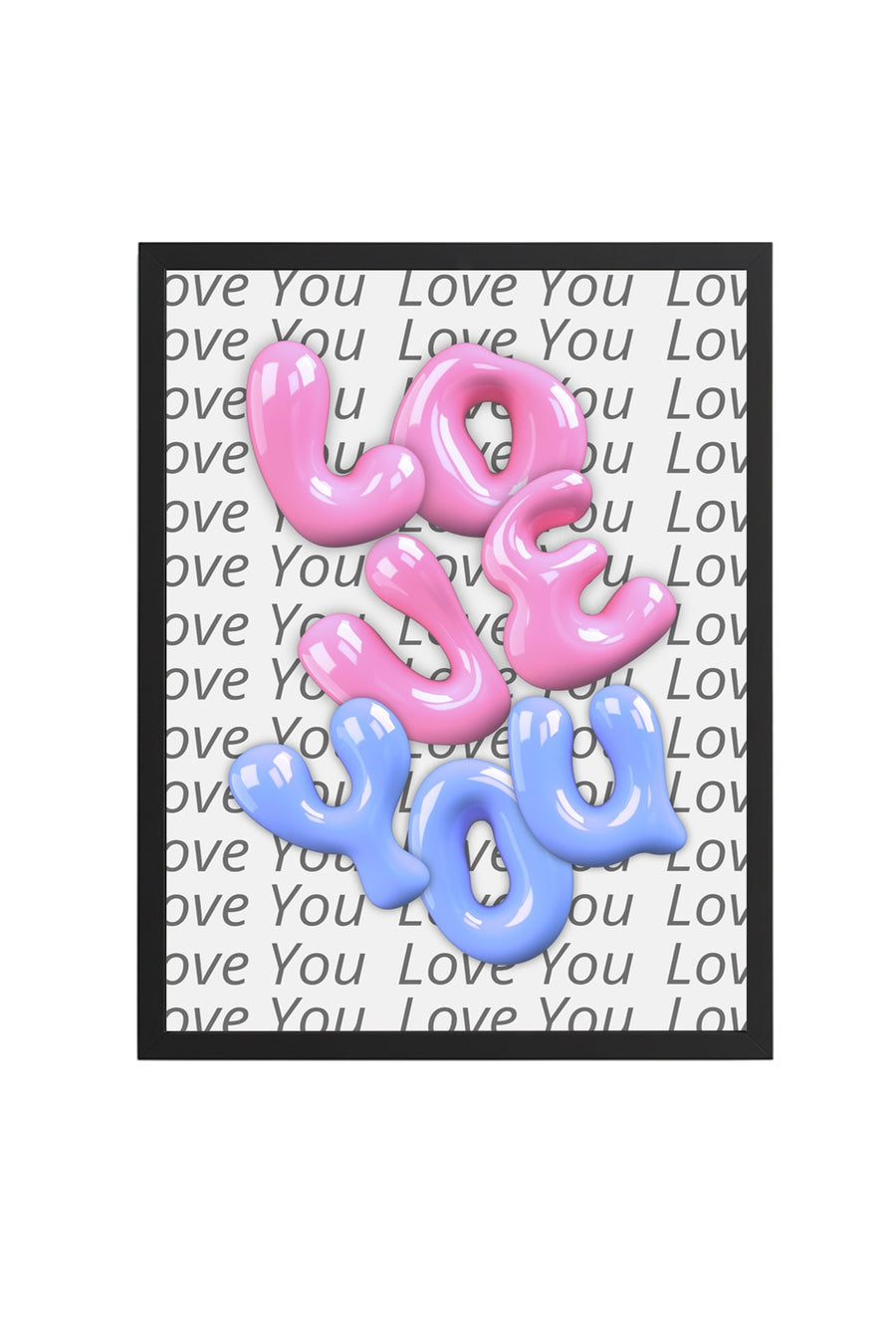 Doğal Ahşap Çerçeveli Retro Tablo - Pembe Mavi Love You Bubble Desenli | huhu2071