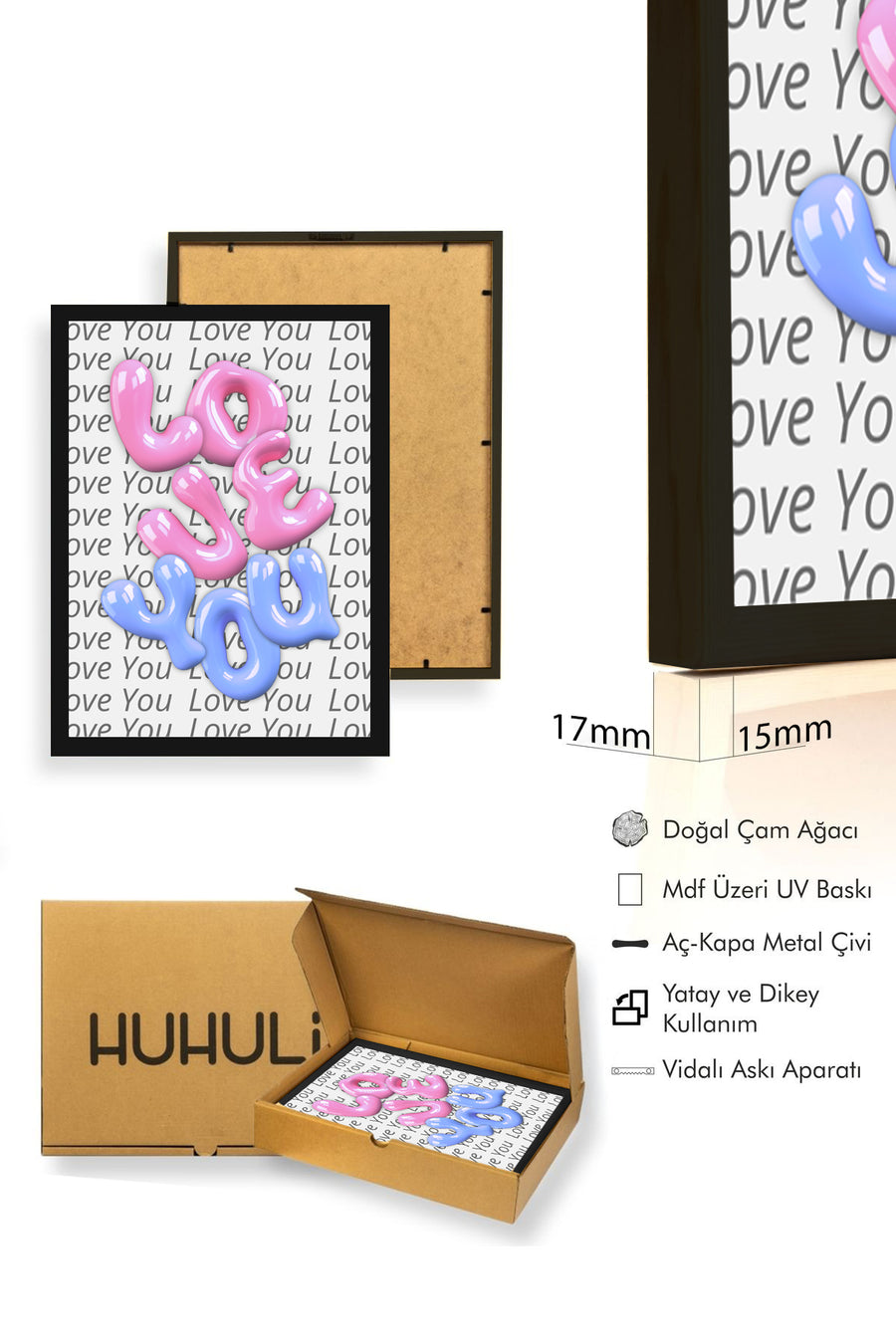 Doğal Ahşap Çerçeveli Retro Tablo - Pembe Mavi Love You Bubble Desenli | huhu2071