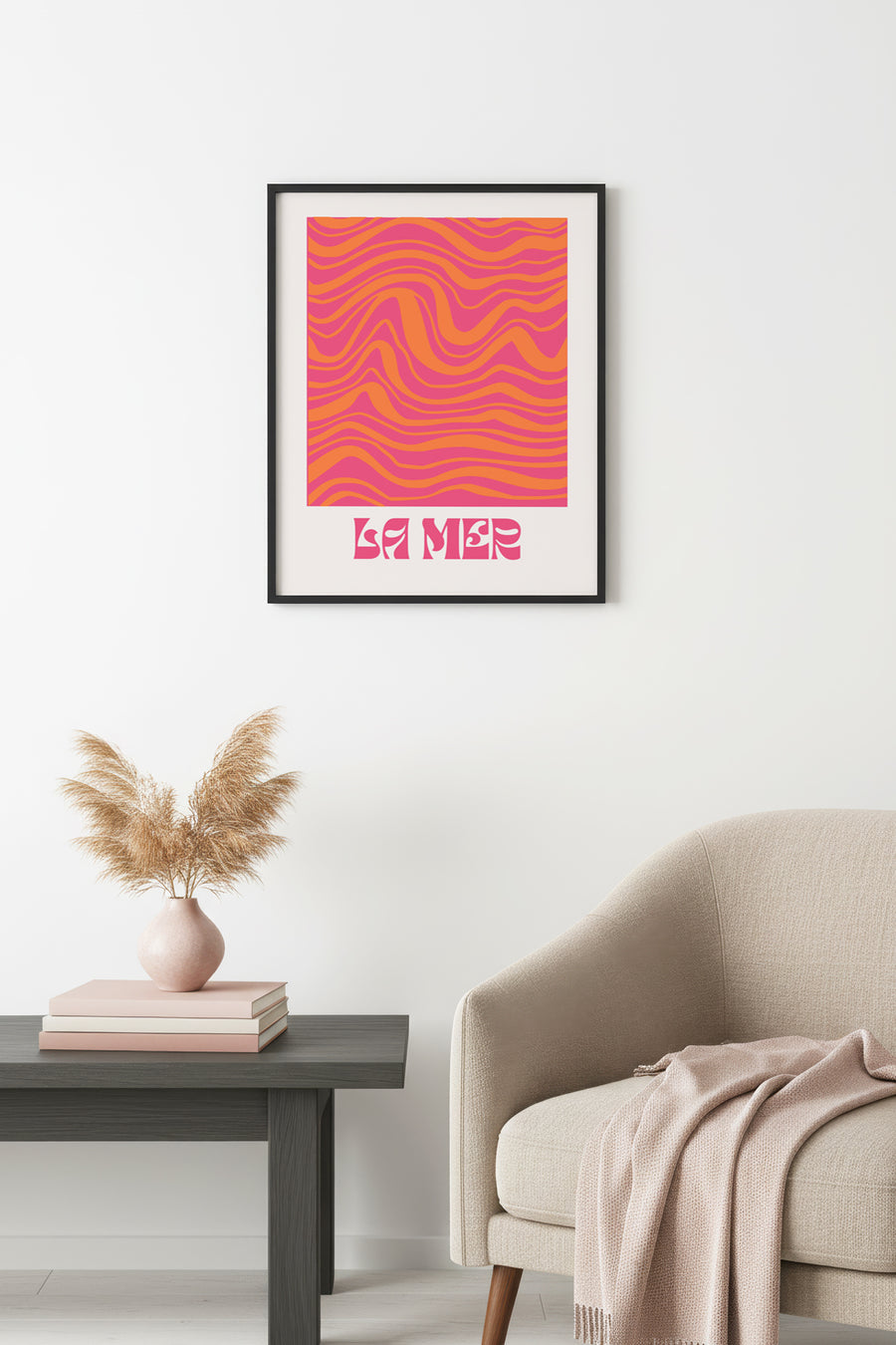 Doğal Ahşap Çerçeveli La Mer Retro Soyut Dalga Tablo - Turuncu Pembe Tonlar | huhu2072