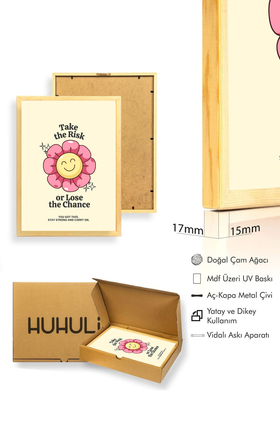 Doğal Ahşap Çerçeveli Retro Çiçekli Tablo - Motivasyonel Sözler | huhu2075