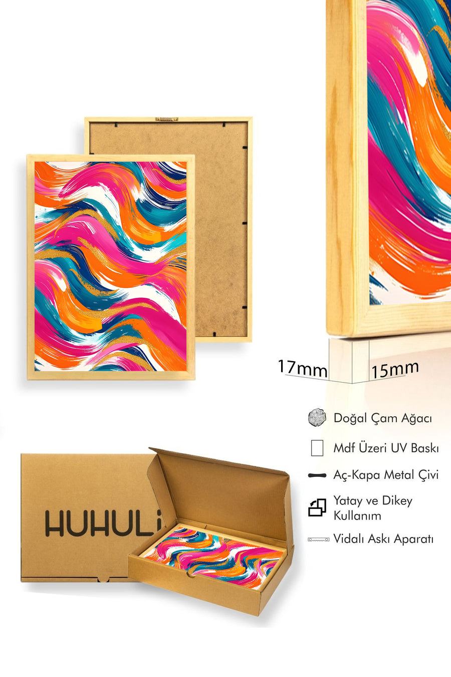 Doğal Ahşap Çerçeveli Canlı Retro Soyut Tablo - Dalga Desenli Pembe Mavi | huhu2076
