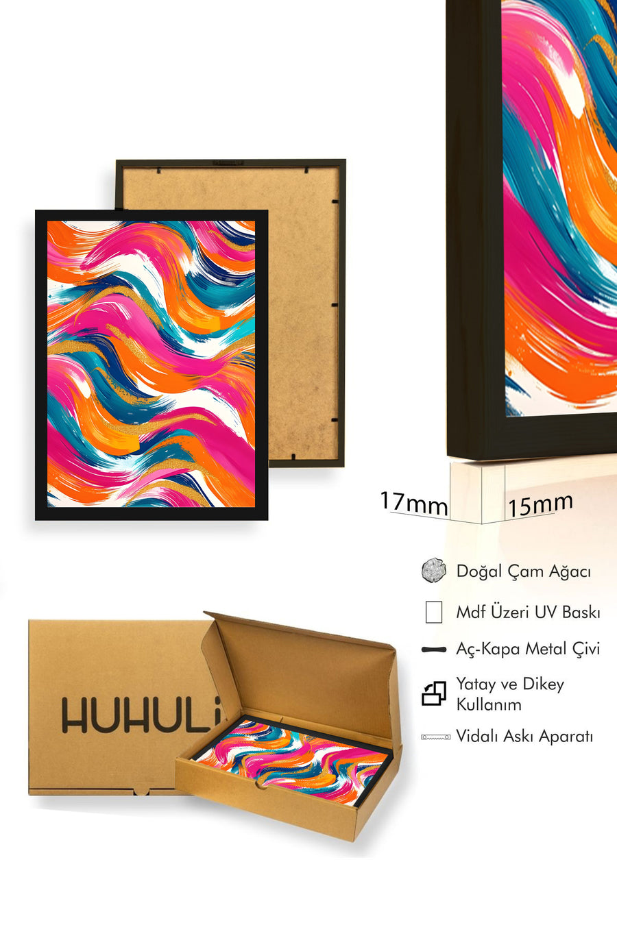 Doğal Ahşap Çerçeveli Canlı Retro Soyut Tablo - Dalga Desenli Pembe Mavi | huhu2076