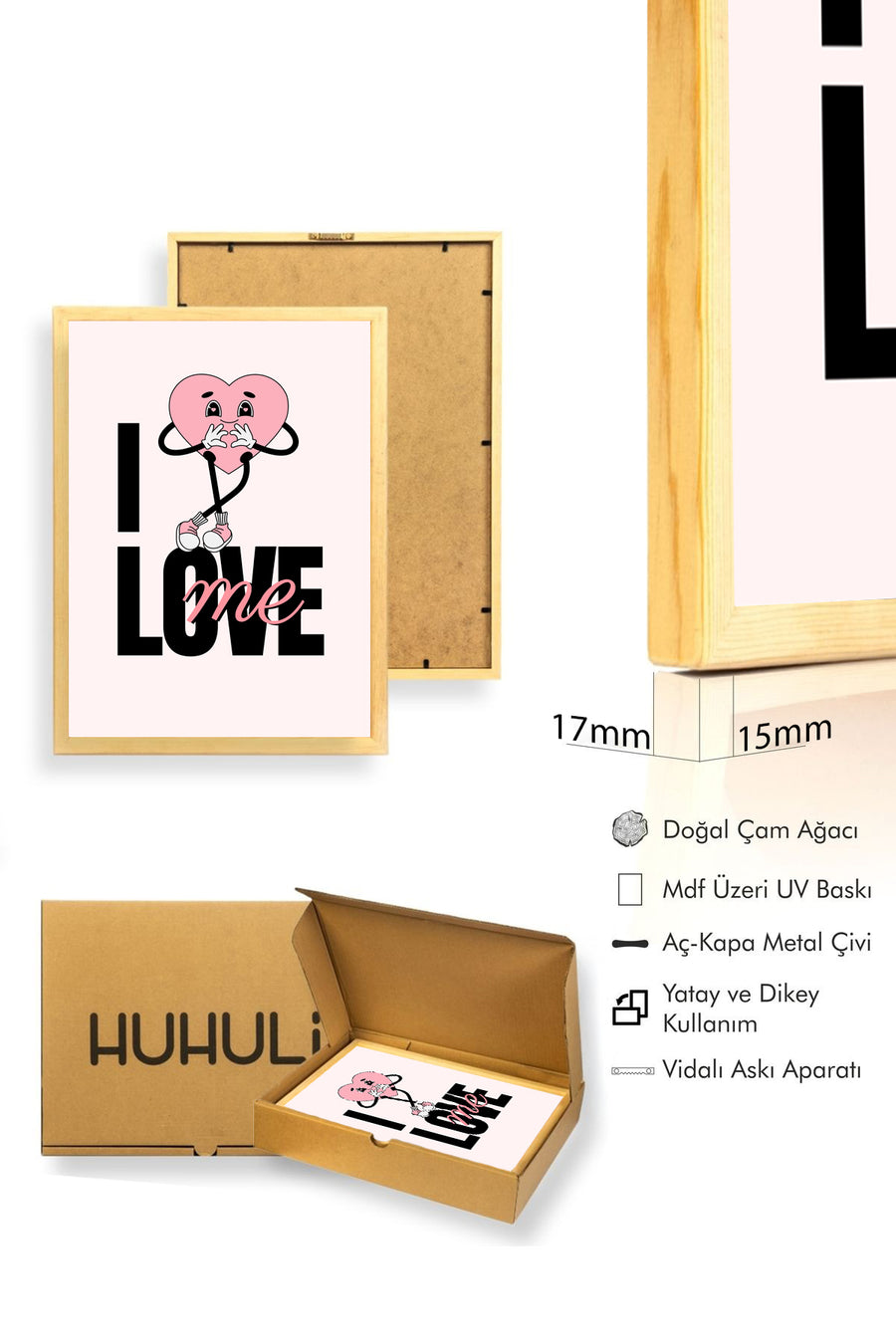 Doğal Ahşap Çerçeveli Retro Tablo - Pop Art Sevimli Kalp Aşk | huhu2078