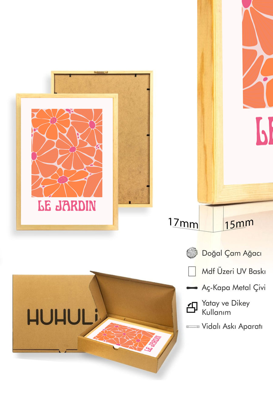 Doğal Ahşap Çerçeveli Retro Çiçek Desenli Tablo - Turuncu Floral | huhu2079