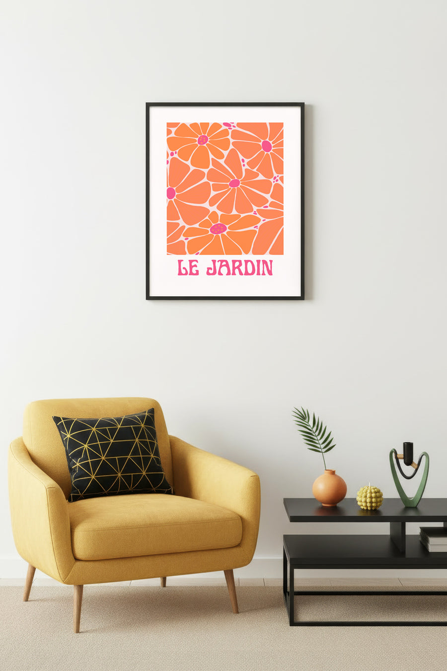 Doğal Ahşap Çerçeveli Retro Çiçek Desenli Tablo - Turuncu Floral | huhu2079
