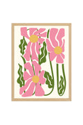 Doğal Ahşap Çerçeveli Retro Çiçek Desenli Tablo - Pembe Yeşil Floral | huhu2080