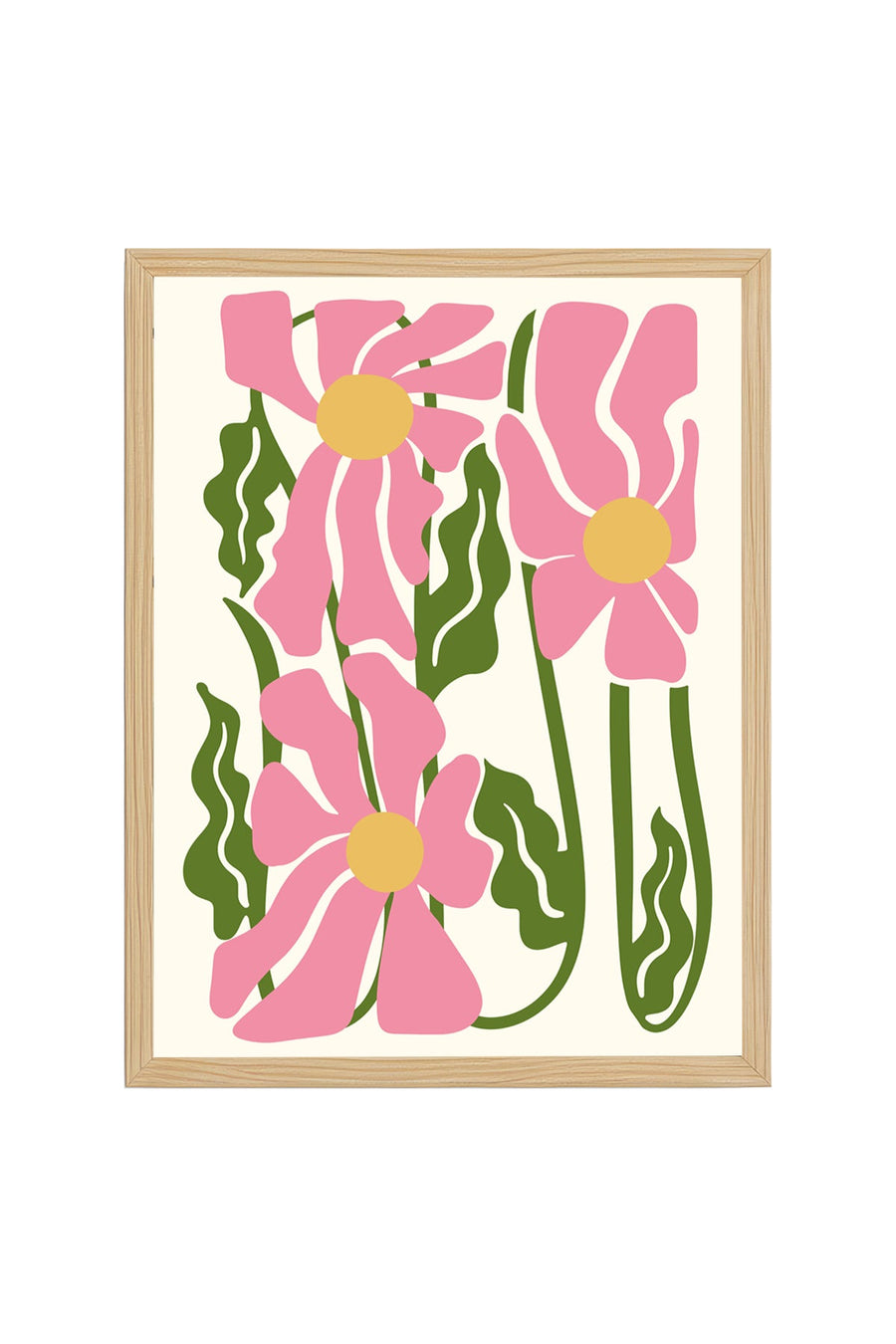 Doğal Ahşap Çerçeveli Retro Çiçek Desenli Tablo - Pembe Yeşil Floral | huhu2080