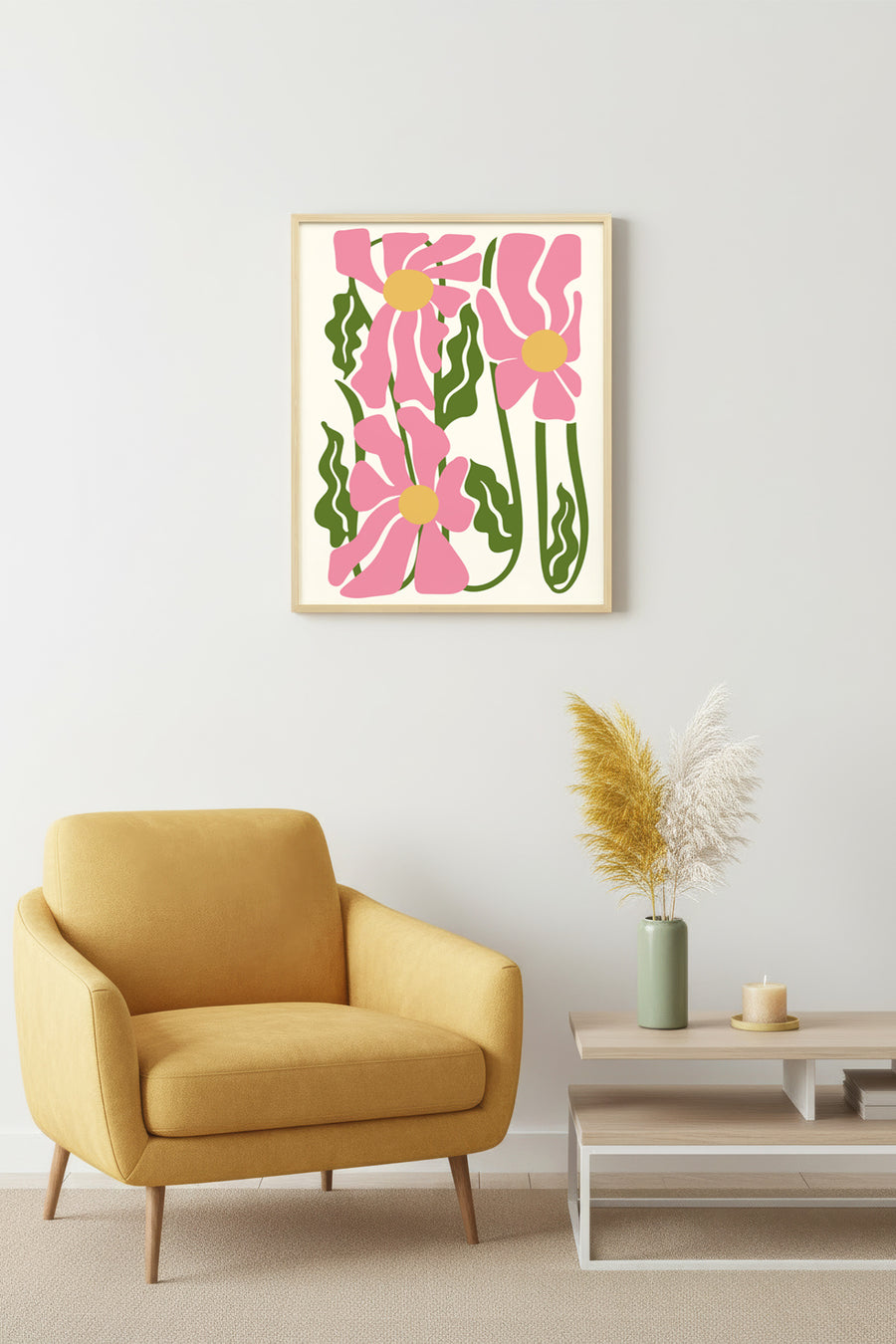 Doğal Ahşap Çerçeveli Retro Çiçek Desenli Tablo - Pembe Yeşil Floral | huhu2080
