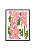 Doğal Ahşap Çerçeveli Retro Çiçek Desenli Tablo - Pembe Yeşil Floral | huhu2080