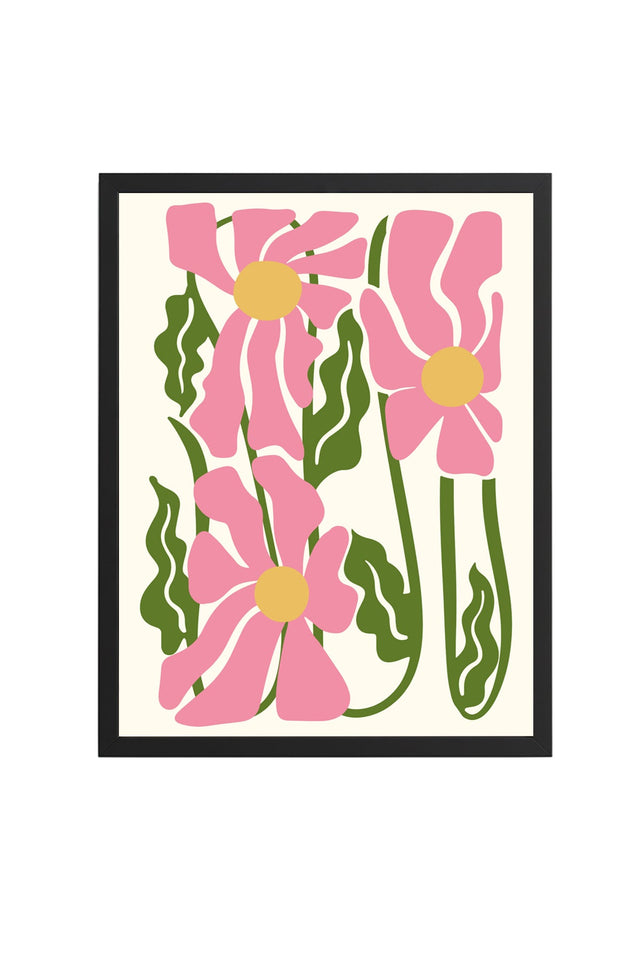 Doğal Ahşap Çerçeveli Retro Çiçek Desenli Tablo - Pembe Yeşil Floral | huhu2080