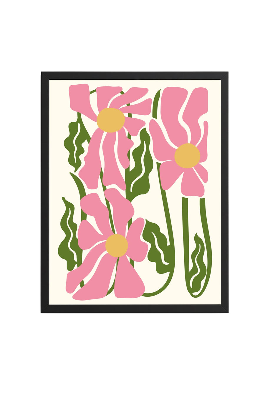 Doğal Ahşap Çerçeveli Retro Çiçek Desenli Tablo - Pembe Yeşil Floral | huhu2080