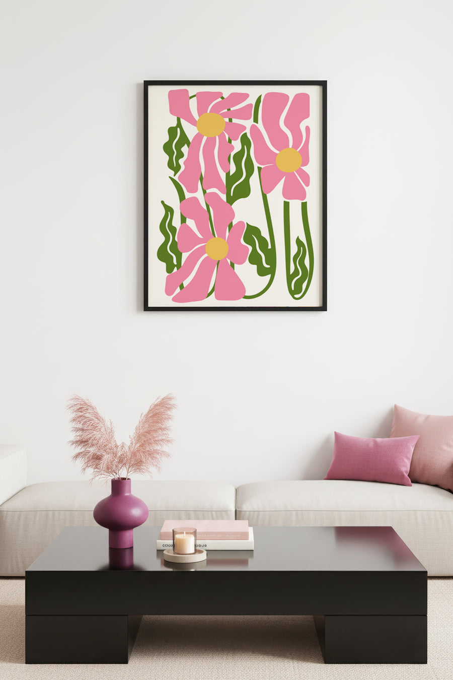 Doğal Ahşap Çerçeveli Retro Çiçek Desenli Tablo - Pembe Yeşil Floral | huhu2080