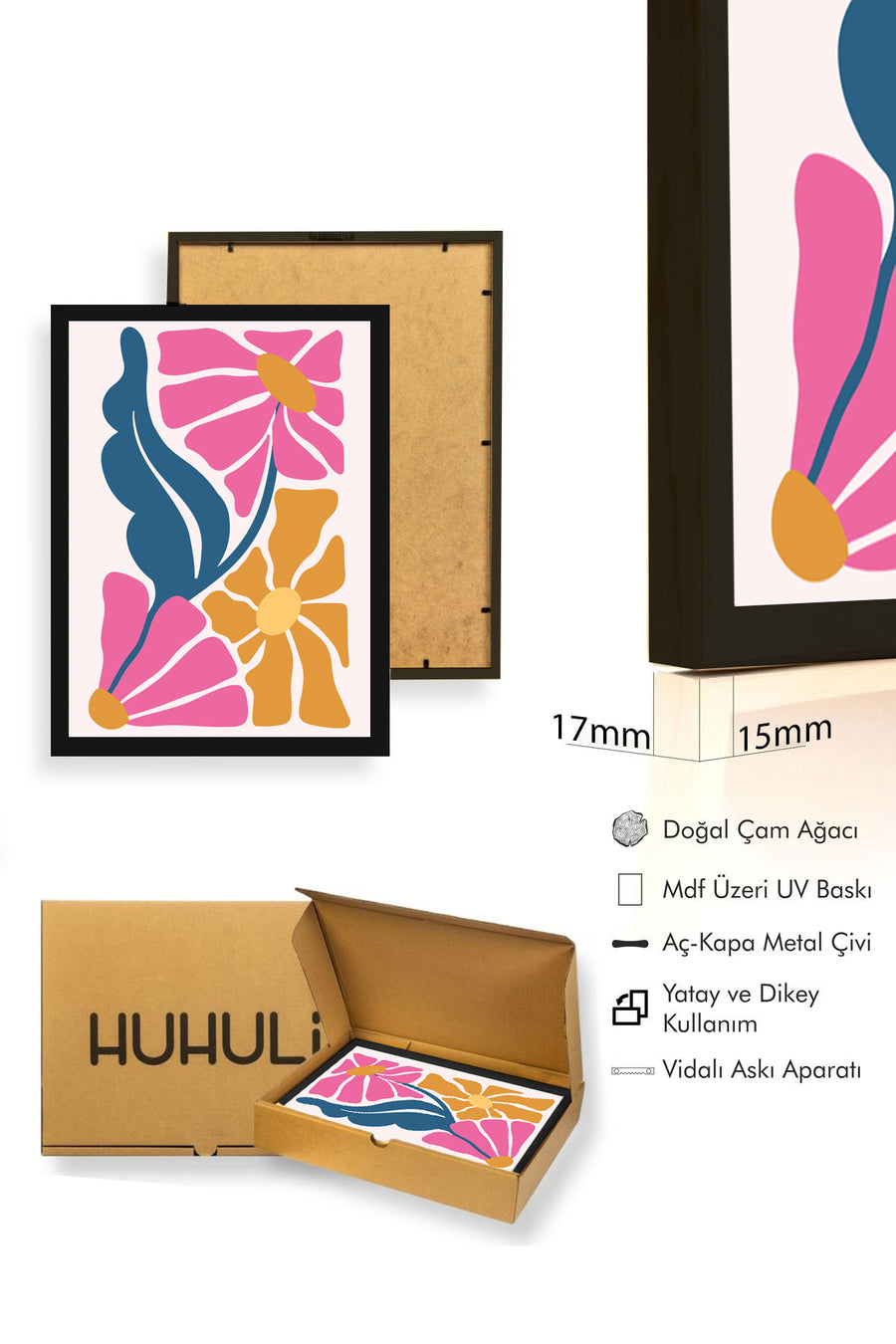 Doğal Ahşap Çerçeveli Retro Çiçek Desenli Tablo - Pastel Tonlar | huhu2083