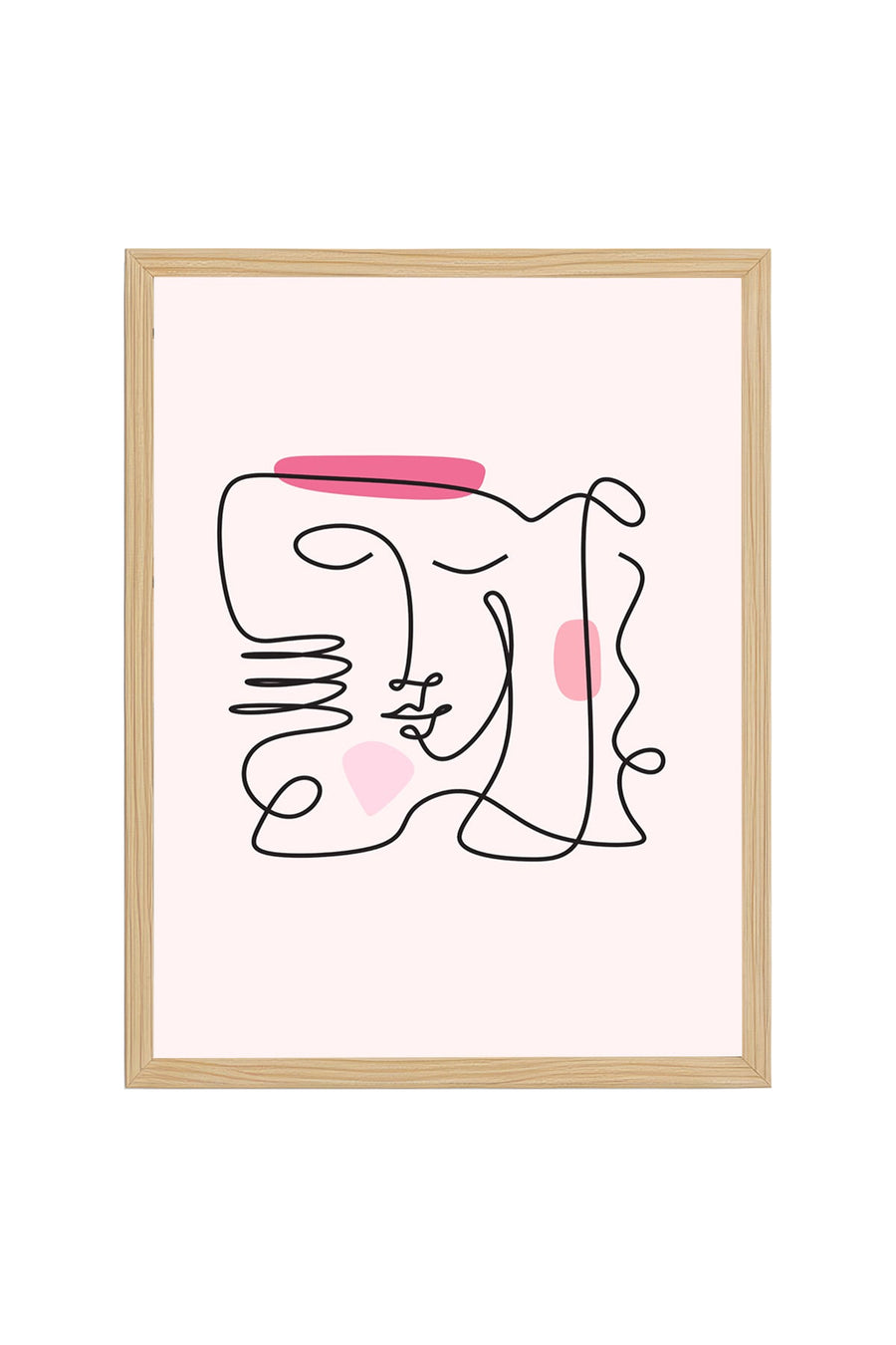 Doğal Ahşap Çerçeveli Soyut Line Art Kadın Portresi Tablo - Pembe Tonlar | huhu2087