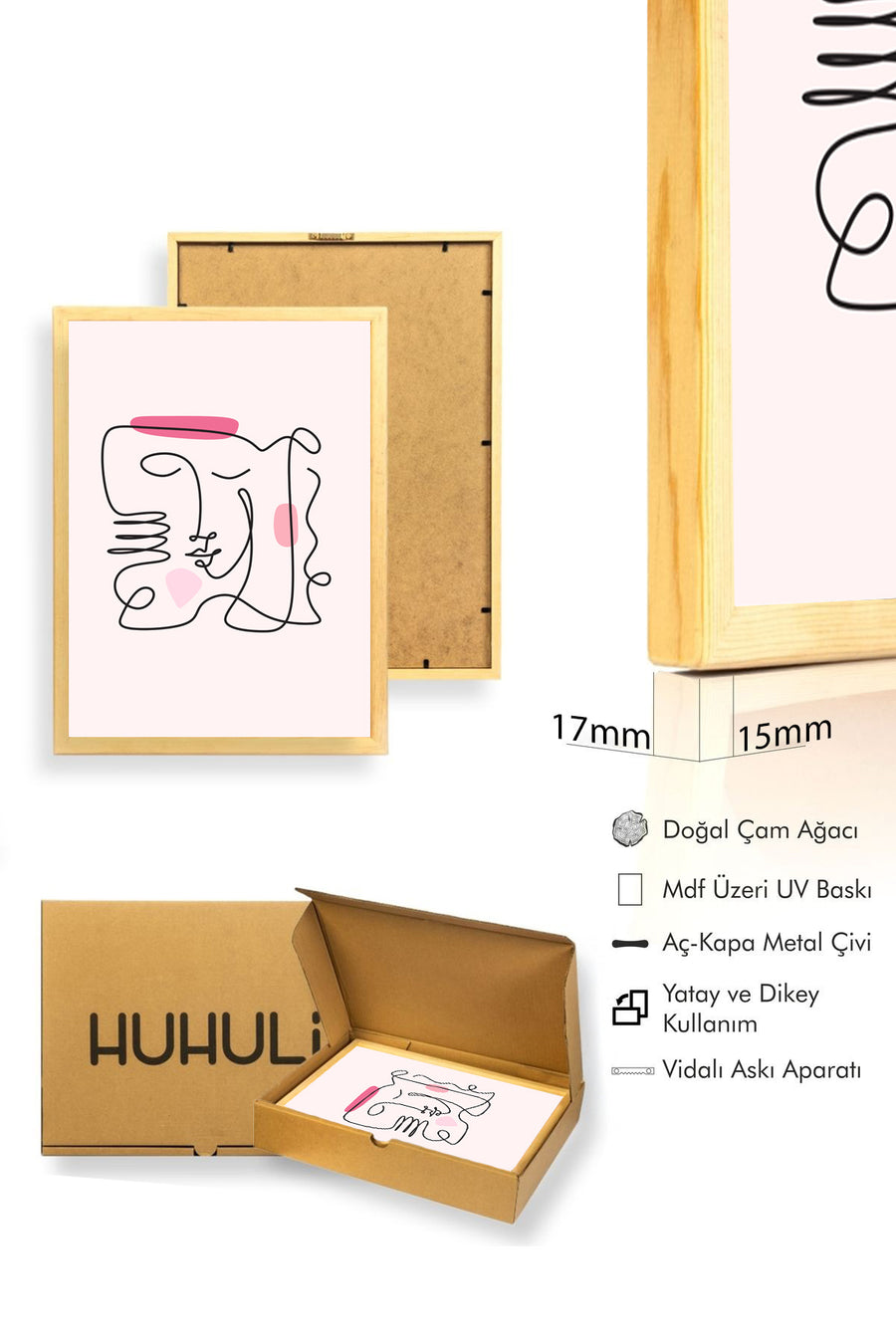 Doğal Ahşap Çerçeveli Soyut Line Art Kadın Portresi Tablo - Pembe Tonlar | huhu2087