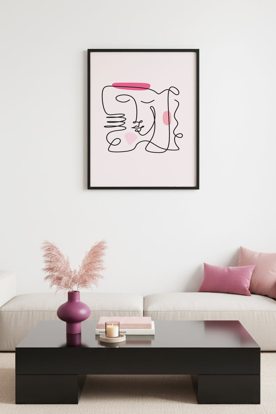 Doğal Ahşap Çerçeveli Soyut Line Art Kadın Portresi Tablo - Pembe Tonlar | huhu2087