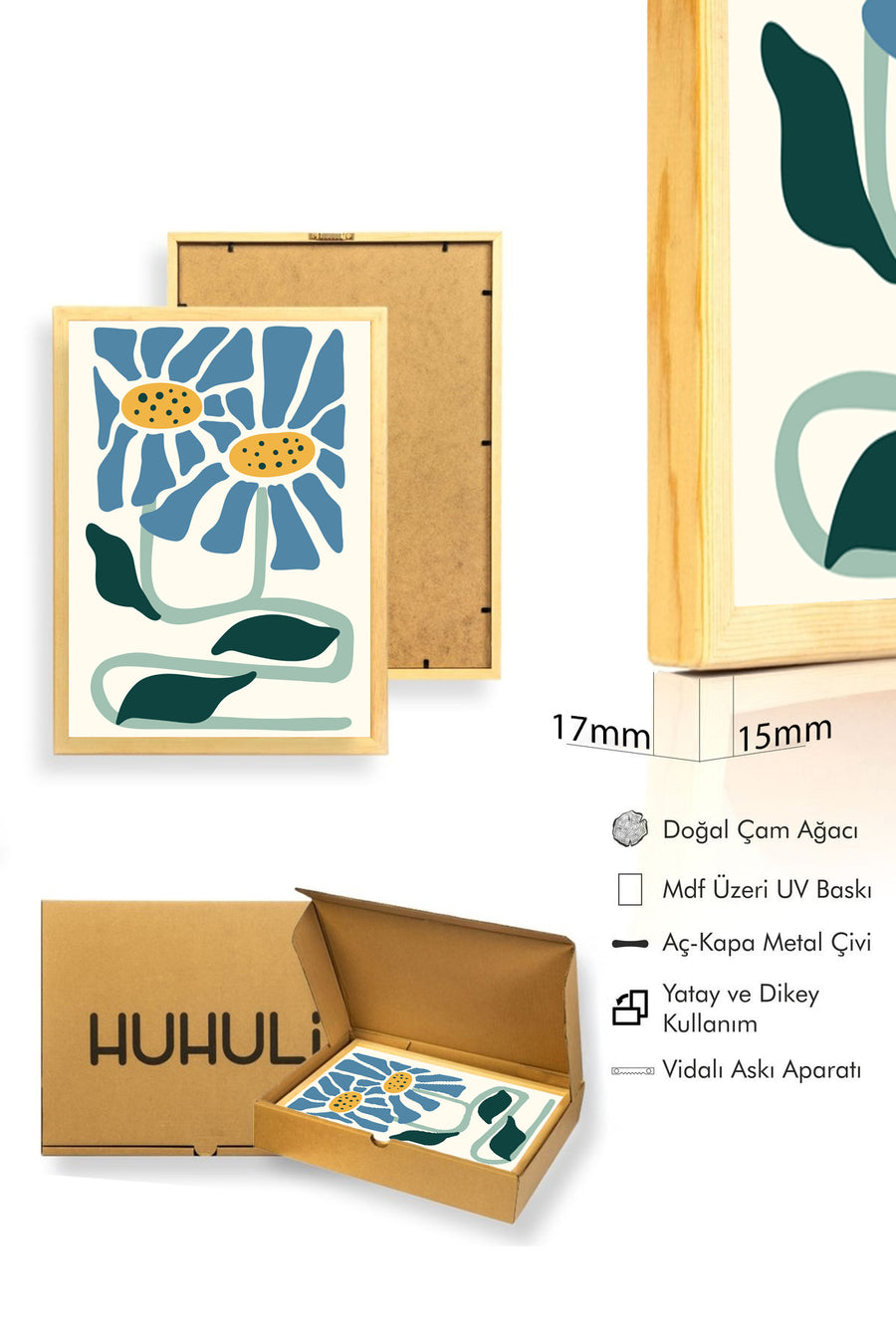 Doğal Ahşap Çerçeveli Retro Floral Tablo - Botanik Çiçek Desenli | huhu2089